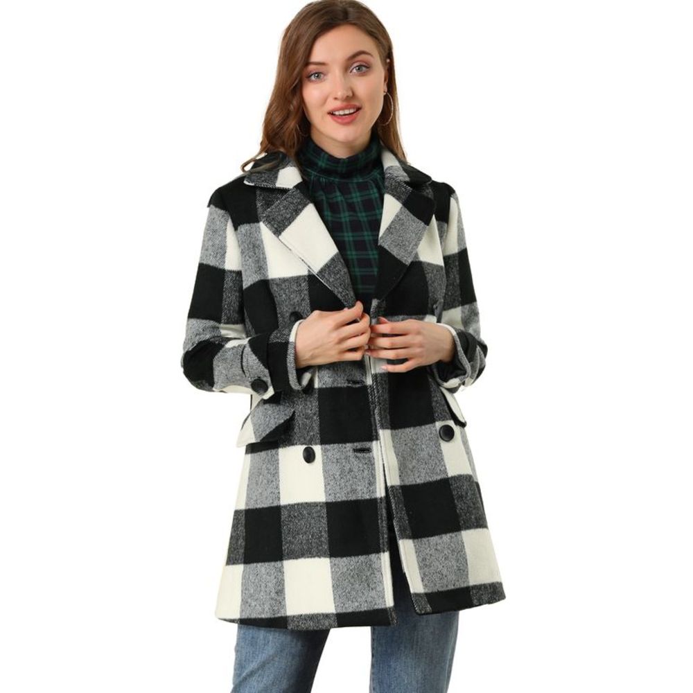 Buffalo Checks Double Breasted Notched Lapel Long Plaids Trench Coat Black White